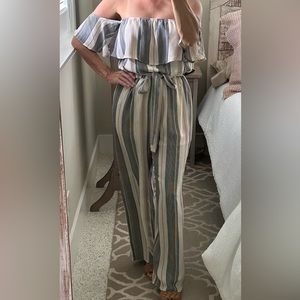 Sage off the shoulder jumpsuit
